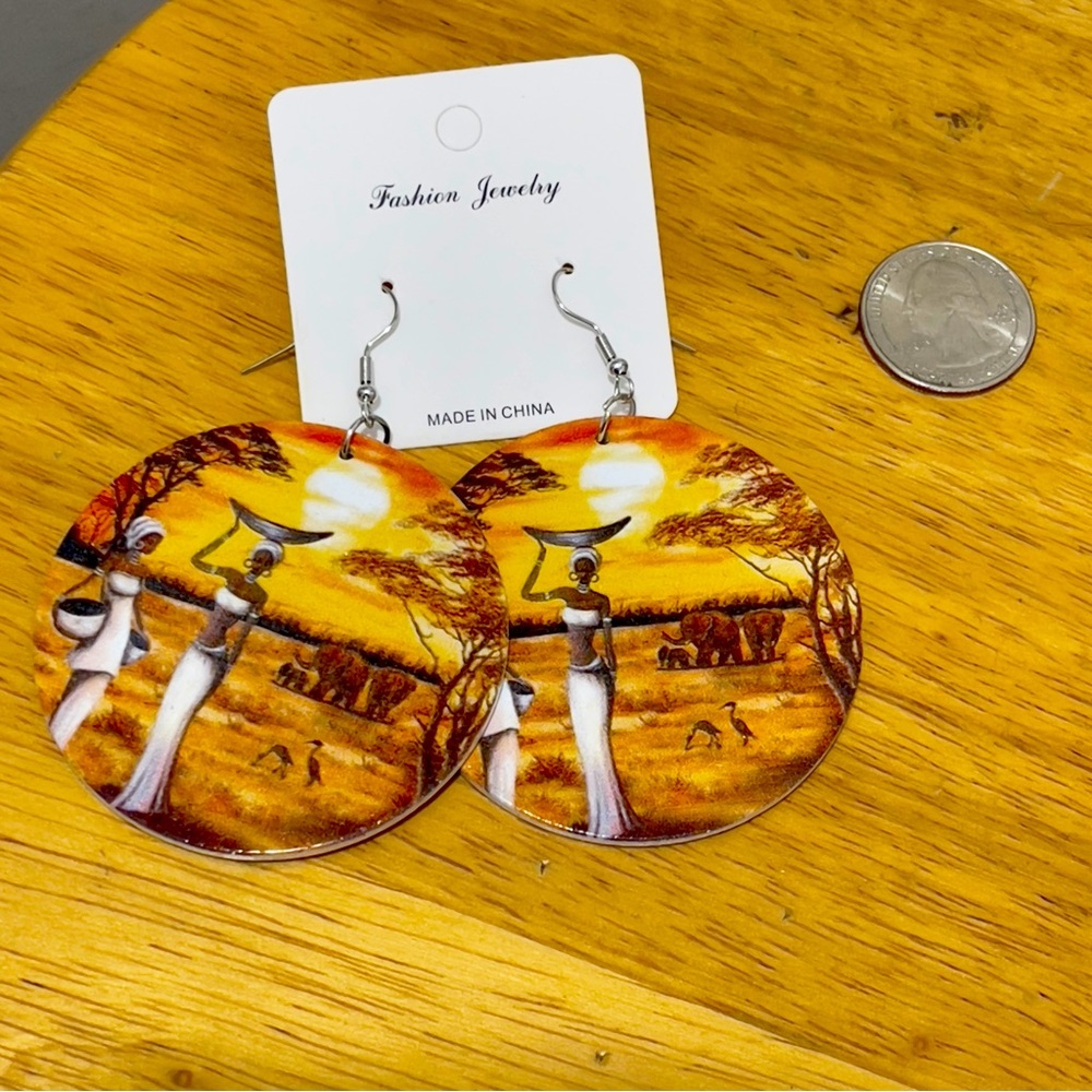 Golden Sunset Painted African Village Earrings –Beautiful Statement Piece!